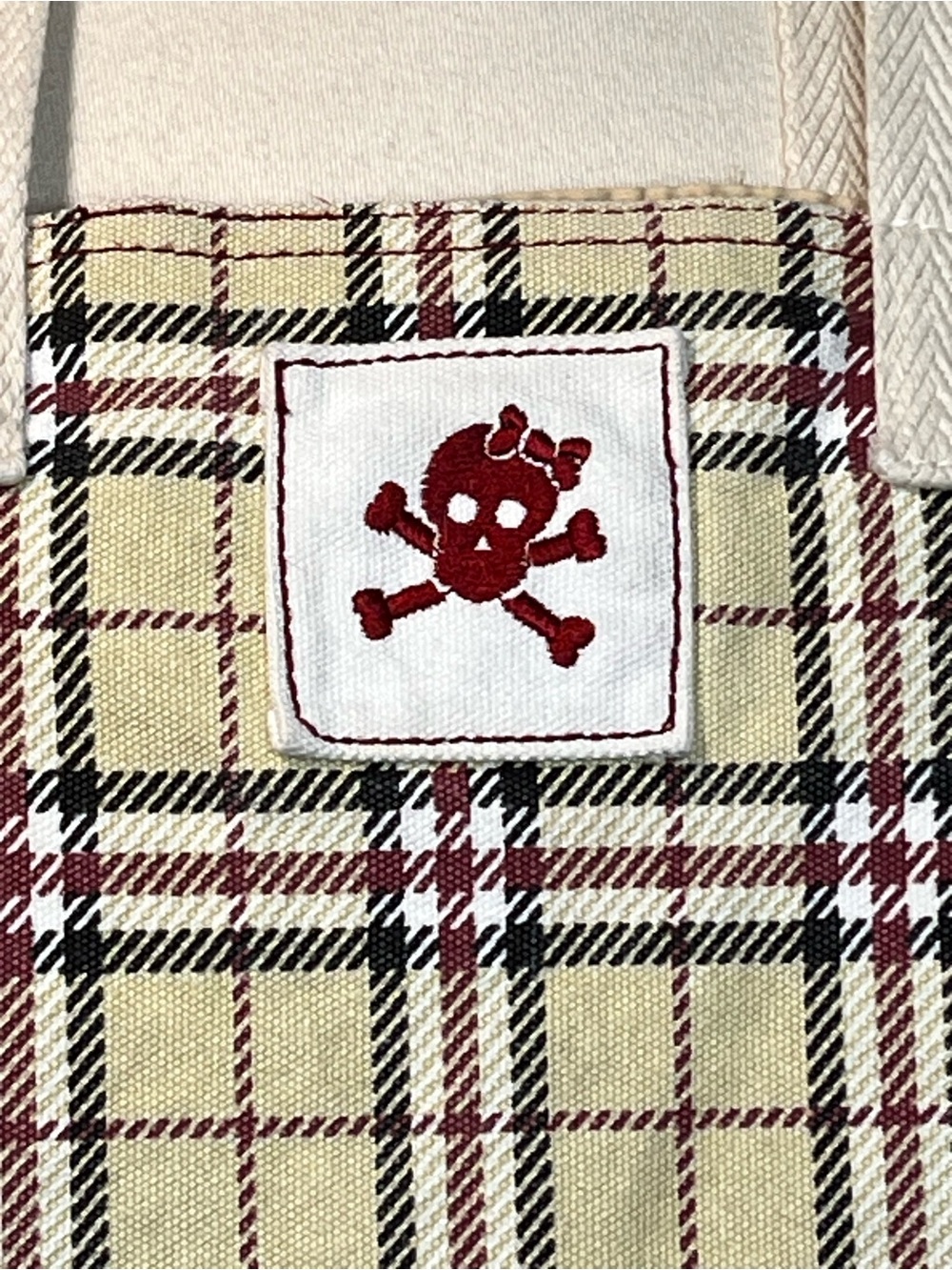 Plaid Skull Tote Bag Cream Burgundy Black Preppy Punk Y2K Goth Shoulder Bag